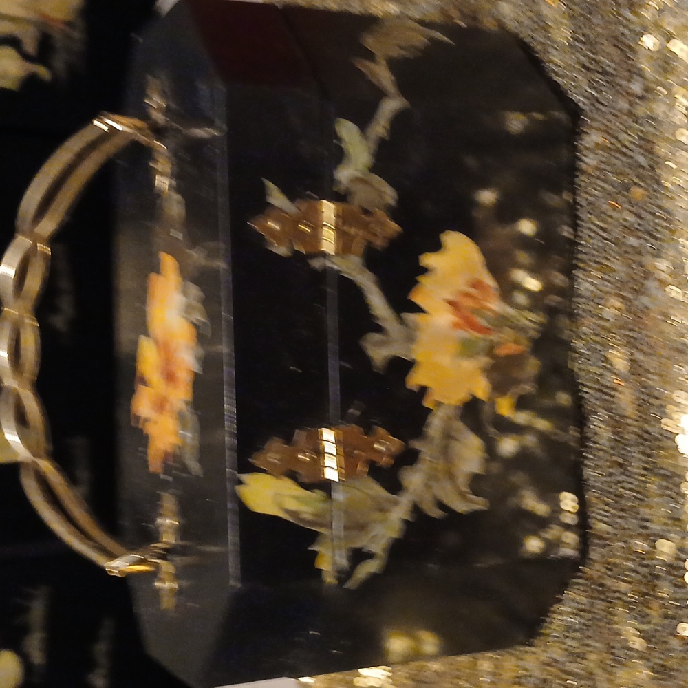 Vintage Annie Laurie Palm Beach Butterfly and Flowers Black Hard Shell Box Purse